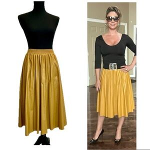 Kate Hewko mustard yellow faux leather A-line pleated midi skirt